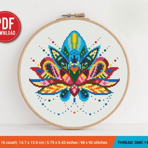 Mantra Hare Krishna. Lotus Flower Embroidery. Cross Stitch 