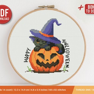 Happy Halloween Cat Pumpkin Witch Hat Cross stitch pattern  Embroidery Pattern  Instant Download  Cross Stitch Patterns Embroidery Designs