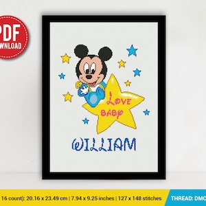 Mickey Birth announcement cross stitch pattern, Mouse, baby, personalized, boy nursery, counted, chart, gift DIY, embroidery, instant PDF