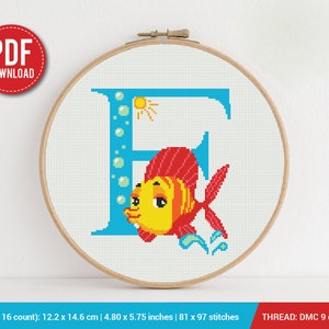 Letra F Peixe ABC Padrão de ponto cruz | Padrão de bordado | Download instantâneo | Desenhos de bordado