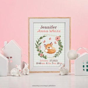 Fox Birth announcement cross stitch pattern, baby, personalized, boy girl nursery decor, counted, chart, gift DIY, embroidery, instant PDF image 3
