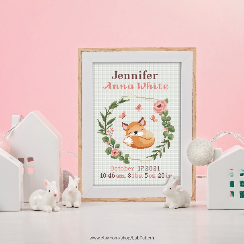 Fox Birth announcement cross stitch pattern, baby, personalized, boy girl nursery decor, counted, chart, gift DIY, embroidery, instant PDF image 3