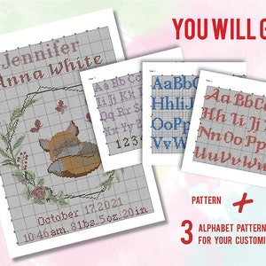 Fox Birth announcement cross stitch pattern, baby, personalized, boy girl nursery decor, counted, chart, gift DIY, embroidery, instant PDF image 2