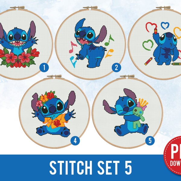 Lot de 5 Lilo et Stitch motif point de croix | Motif de broderie | Téléchargement instantané | Motifs de broderie