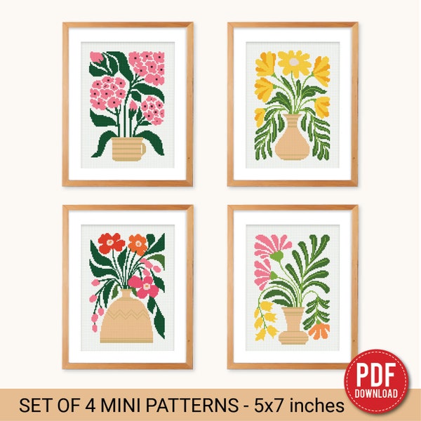 Bundle of 4 mini contemporary Flowers in pots Cross stitch patterns Abstract floral Plant beginner counted modern DIY embroidery instant PDF