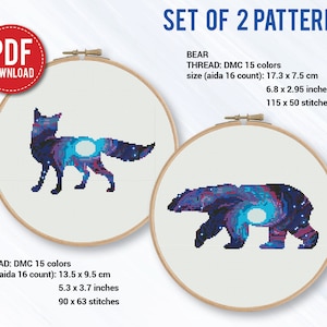 Bundle of 2 patterns, Fox and Bear Silhouette Space Cross stitch pattern | Embroidery Pattern | Instant Download | Embroidery Designs