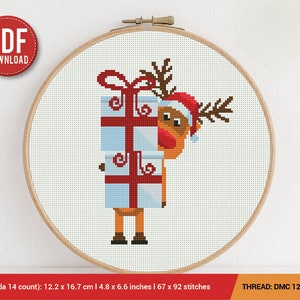 Christmas Deer Cross stitch pattern | Embroidery Pattern | Instant Download | Embroidery Designs | Happy Animal New Year Santa Present