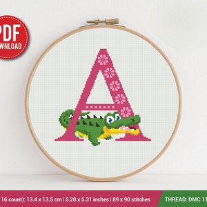 Letra A caimán ABC Patrón de punto de cruz / Patrón de bordado / Descarga instantánea / Diseños de bordado