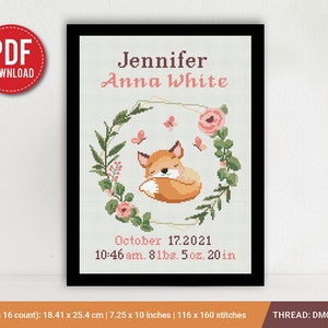 Fox Birth announcement cross stitch pattern, baby, personalized, boy girl nursery decor, counted, chart, gift DIY, embroidery, instant PDF image 1