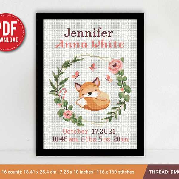 Fox Birth announcement cross stitch pattern, baby, personalized, boy girl nursery decor, counted, chart, gift DIY, embroidery, instant PDF