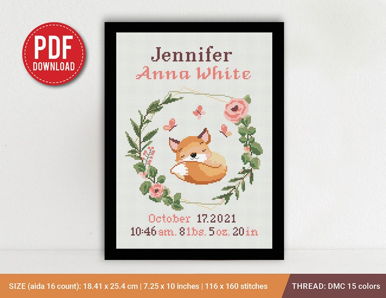 Fox Birth announcement cross stitch pattern, baby, personalized, boy girl nursery decor, counted, chart, gift DIY, embroidery, instant PDF image 1