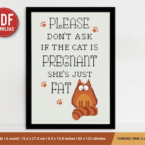 Funny Fat Pregnant Cat Cross stitch pattern Animal Joke Humor Embroidery Pattern  Instant Download  Cross Stitch Patterns  Ebroidery Designs