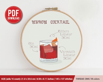 Cocktail Negroni Schema punto croce / Schema ricamo / Download immediato / Disegni ricamo