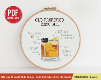 Cocktail Old fashioned Schema punto croce / Schema ricamo / Download immediato / Disegni ricamo