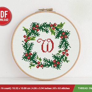 Christmas Wreath Monogram, Branch Noel cross stitch pattern, Holiday decor, counted, chart, gift DIY, embroidery, instant PDF
