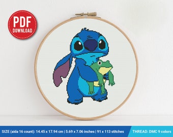 Lilo and Stitch Frog cross stitch pattern, baby, Love Hawaii, Toys, nursery decor, counted, chart, gift DIY, embroidery, instant PDF