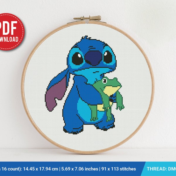 Lilo and Stitch Frog cross stitch pattern, baby, Love Hawaii, Toys, nursery decor, counted, chart, gift DIY, embroidery, instant PDF