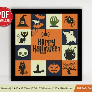 Happy Halloween cross stitch pattern, pumpkin, Trick or Treat, holiday decor, counted, chart, gift DIY, embroidery, instant PDF