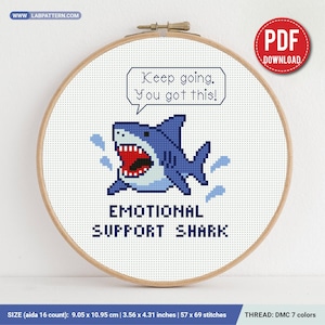 Emotional Support Shark Cross Stitch Pattern PDF,  Funny Shark Cross Stitch Chart, animal, beginner counted, DIY, embroidery, instant PDF