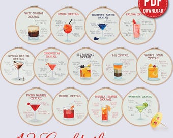Collezione Cocktail - Pacchetto di 13 schemi per punto croce / Schema per ricamo / Download immediato / Disegni per ricamo
