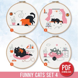 Funny Cat stitch pattern Bundle of 4 ornament Kitten decor Holiday cross stitch pattern, counted, chart, gift DIY, embroidery, instant PDF