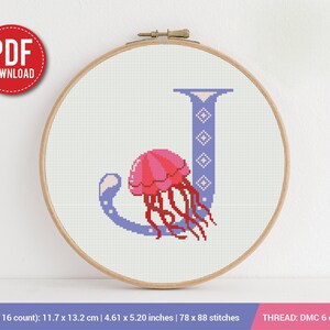Patrón de punto de cruz con la letra J de la medusa ABC / Patrón de bordado / Descarga instantánea / Diseños de bordado