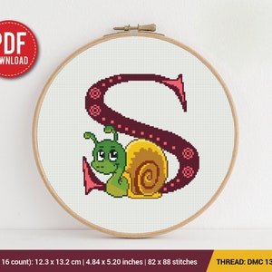Letter S Snail ABC Cross stitch pattern | Embroidery Pattern | Instant Download | Embroidery Designs