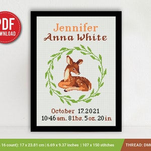 Deer Birth announcement cross stitch pattern, baby, personalized, boy girl nursery decor, counted, chart, gift DIY, embroidery, instant PDF