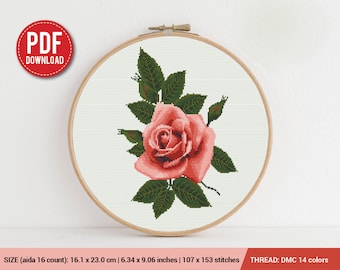 Pink Rose Cross stitch pattern | Embroidery Pattern | Instant Download | Embroidery Designs