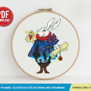 Rabbit Alice in Wonderland Silhouette Cross stitch pattern | Embroidery Pattern | Instant Download | Embroidery Designs