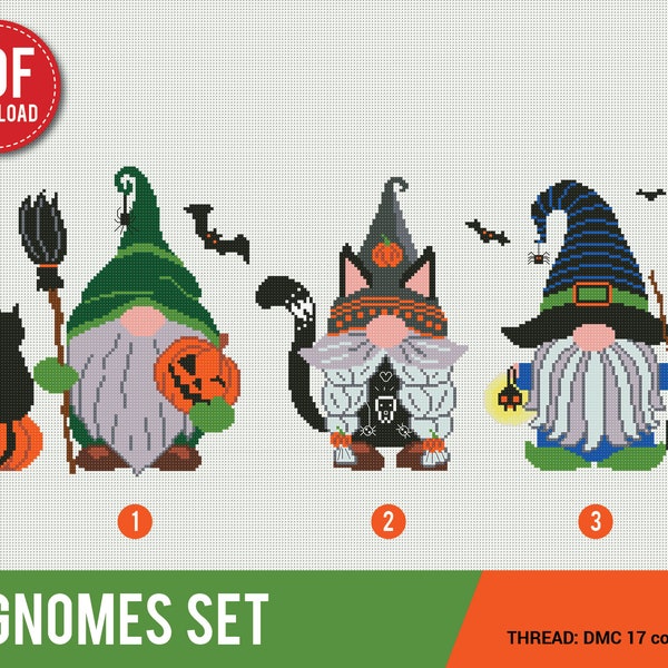 Gnome Halloween Set 3 Cross stitch pattern | Embroidery Pattern | Instant Download | Embroidery Designs