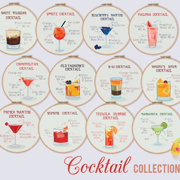 Cocktail Collection set 12 Cross stitch pattern | Embroidery Pattern | Instant Download | Embroidery Designs