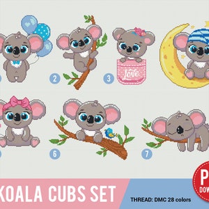 Koala Cub Bundle of 7 Padrão de ponto cruz | Padrão de bordado | Download instantâneo | Desenhos de bordado