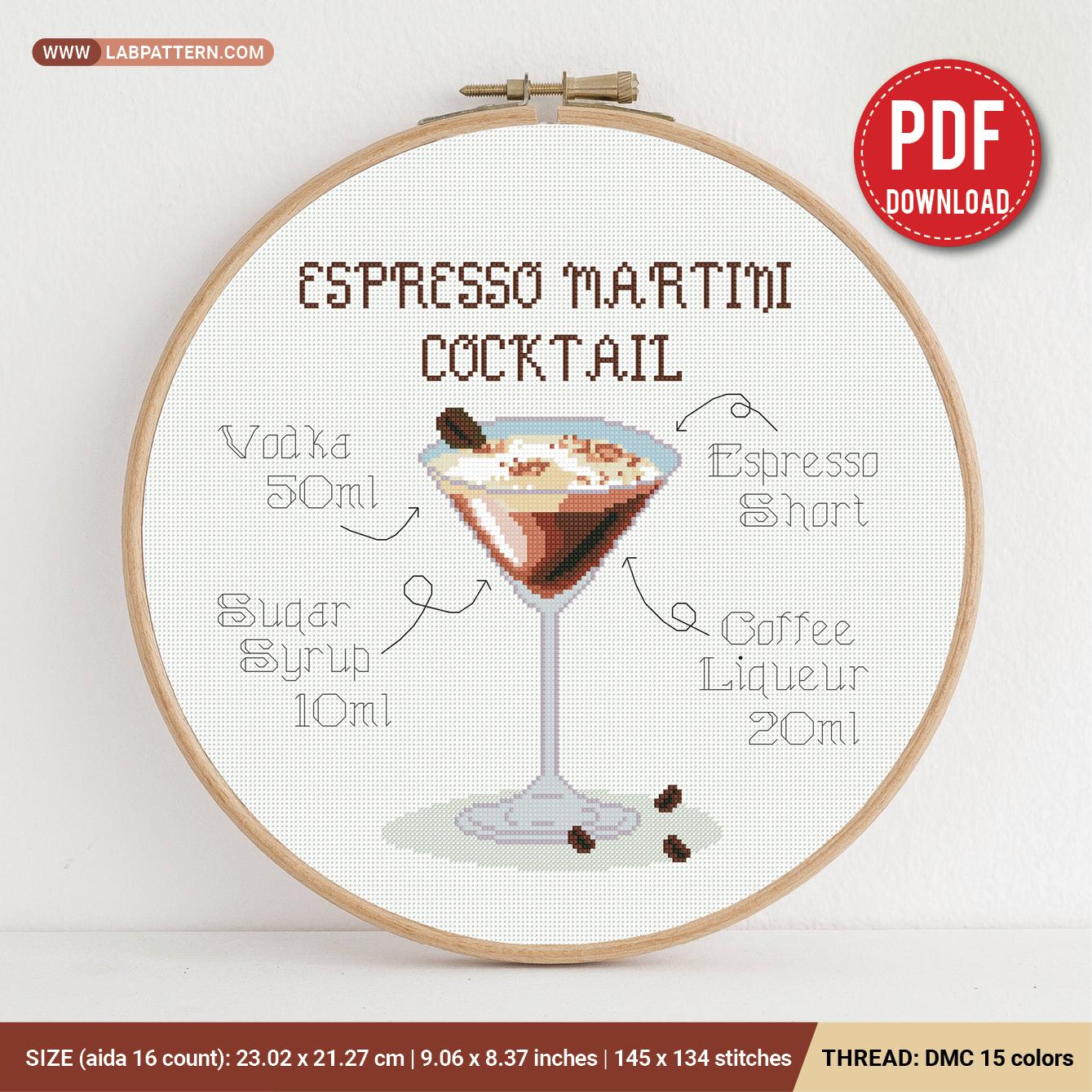 Ricetta del cocktail Espresso Martini schema punto croce, arredamento per la casa, contato, grafico, regalo fai da te, ricamo, principiante, PDF digitale istantaneo