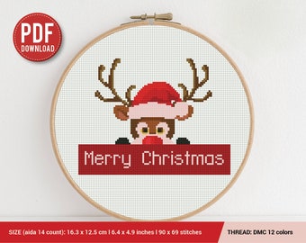 Merry Christmas herten borduurwerk Cross Stitch patroon downloaden | Borduurpakketten | Steekontwerp | Borduursteken