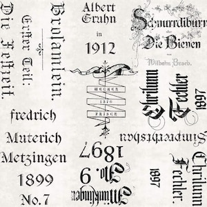 May include: Black and white image with various text in a gothic font. The text includes the words "Albert Gruhn", "1912", "Schnurrdiburr", "Die Bienen", "Wilhelm Buseb", "Brosamlein", "Wecker", "1370", "Frisce", "Shrilunn", "Fechler", "1897", "Simprerhtshau", "Chrilunn", "Fechler", "1897", "fredrich", "Muterich", "Metzingen", "2681", "1899", "No.7", "No. 9", "Münklinger".