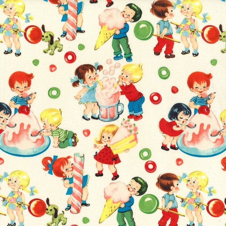 Michael Miller Fabric Retro Collection, Candy Shop (Cream)