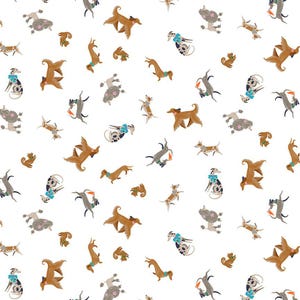 May include: A seamless pattern featuring a variety of dogs in different poses and colours on a white background. The dogs are illustrated in a whimsical style with bold outlines and bright colours.