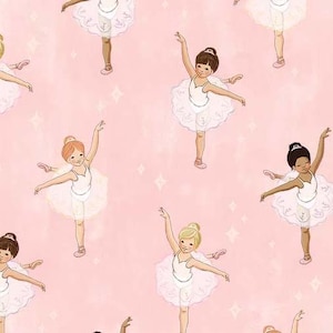 May include: A repeating pattern of young ballerinas in white tutus and ballet slippers on a light pink background. The illustrations feature various skin tones and hair colors, with arms gracefully extended.