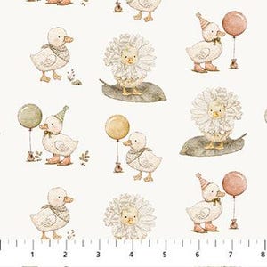 May include: A repeating pattern of watercolor illustrations featuring ducks, flowers, and balloons on a white background. The ducks are wearing hats and scarves. The flowers have duck faces. The balloons are round.