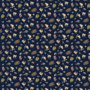 May include: A repeating pattern of watercolor illustrations on a navy blue background. The design features various botanical elements, including leaves, feathers, and stylized floral shapes in shades of brown, yellow, red, and green.