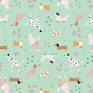 May include: A repeating pattern featuring a variety of dog breeds in different poses on a pale green backdrop. The dogs are illustrated in a whimsical style, including Dalmatians, Poodles, and Dachshunds. Pink flowers and paw prints are scattered across the design.