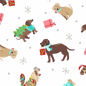 Andover Fabric Furry & Bright Collection, Holiday Dogs (White) (A585-L)