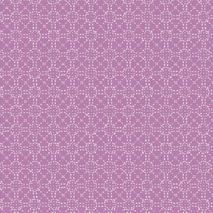 May include: A seamless pattern with a repeating design of small white circles and dashes on a light purple background.