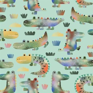 May include: A repeating pattern of colorful cartoon alligators on a light teal background. The alligators are in various poses and colors, with accents of yellow, orange, green, and blue. Small cloud and plant illustrations are scattered throughout.