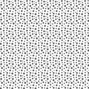 May include: A white backdrop features a pattern of dark grey, irregularly shaped dots. The dots vary in size and are scattered across the surface, creating a textured, speckled appearance. The design is simple and visually engaging.