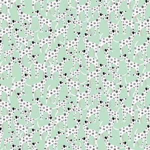 May include: A repeating pattern featuring stylized dalmatian dogs with black spots on a white background. The dogs are set against a light green backdrop, creating a playful design. Suitable for various applications, the pattern is visually engaging.
