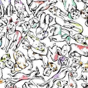 May include: A white background is covered with a pattern of various dog breeds in a sketched style. The dogs are depicted in different poses and colors, including black, white, pink, and green. The overall theme is playful and whimsical.