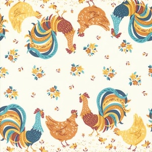 May include: A fabric with a repeating pattern of roosters and hens in shades of yellow, orange, and blue on a cream background. The design includes small yellow flowers and a teal border at the top and bottom. The fabric is likely used for home decor or quilting.