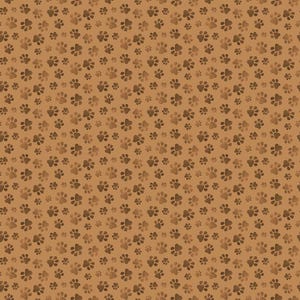 May include: A seamless pattern of brown paw prints on a light brown background.